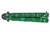 Couteau papillon métal tête de mort vert lame 10 cm 