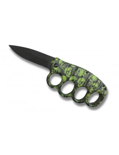 Couteau Poing Américain Green Skull Lame Pliante 10cm