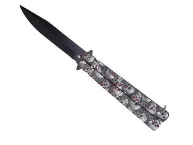 Couteau papillon métal tête de mort gris lame 10 cm 