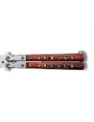 Couteau papillon ajouré Lame 9cm acier gris mat et bois+clip-ceinture