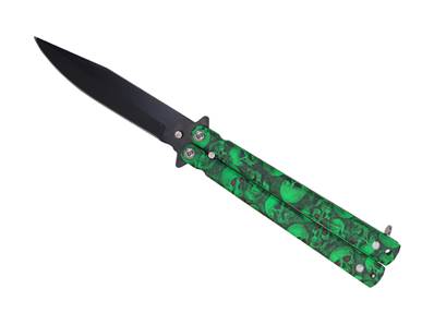 Couteau papillon métal tête de mort vert lame 10 cm 