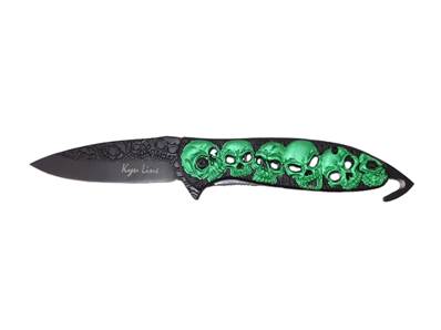 Couteau Crânes verts lame 8cm - coupe sangle et clip ceinture