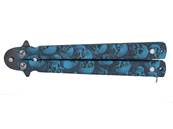 Couteau papillon métal tête de mort bleu lame 10 cm 