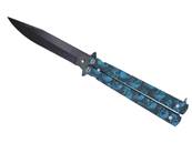 Couteau papillon métal tête de mort bleu lame 10 cm 