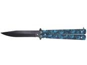 Couteau papillon métal tête de mort bleu lame 10 cm 
