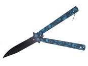 Couteau papillon métal tête de mort bleu lame 10 cm 