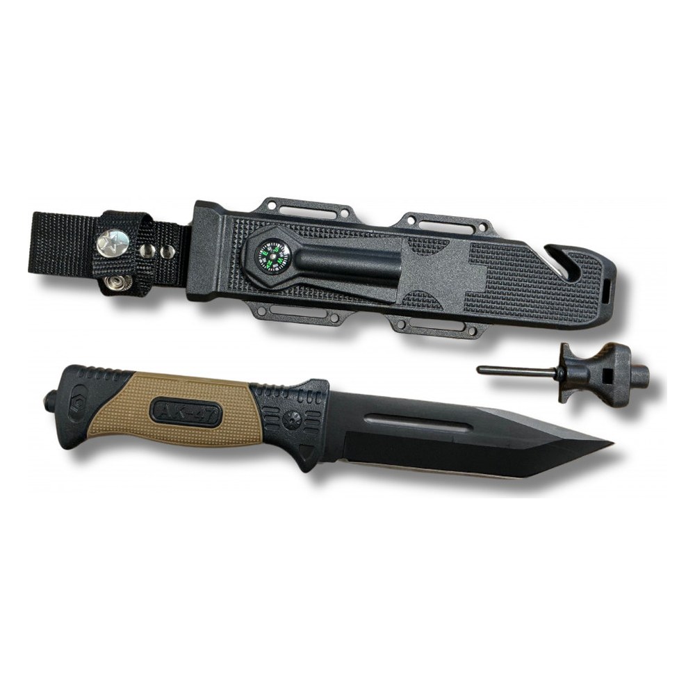 [10813] Couteau de survie Kaki Lame 16cm Boussole,Allume-Feu,Sifflet,Pierre