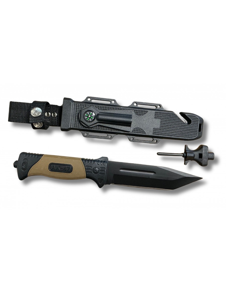 [10813] Couteau de survie Kaki Lame 16cm Boussole,Allume-Feu,Sifflet,Pierre