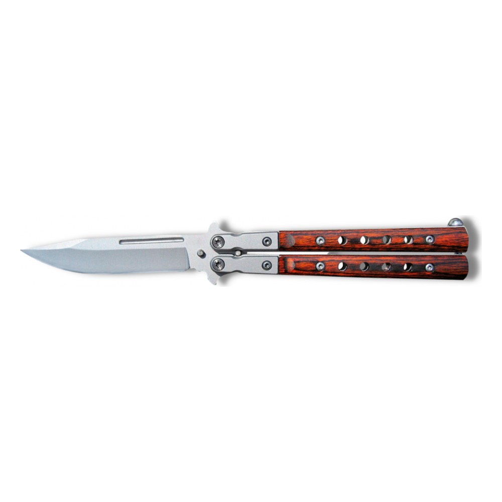 [10799] Couteau papillon ajouré Lame 9cm acier gris mat et bois+clip-ceinture