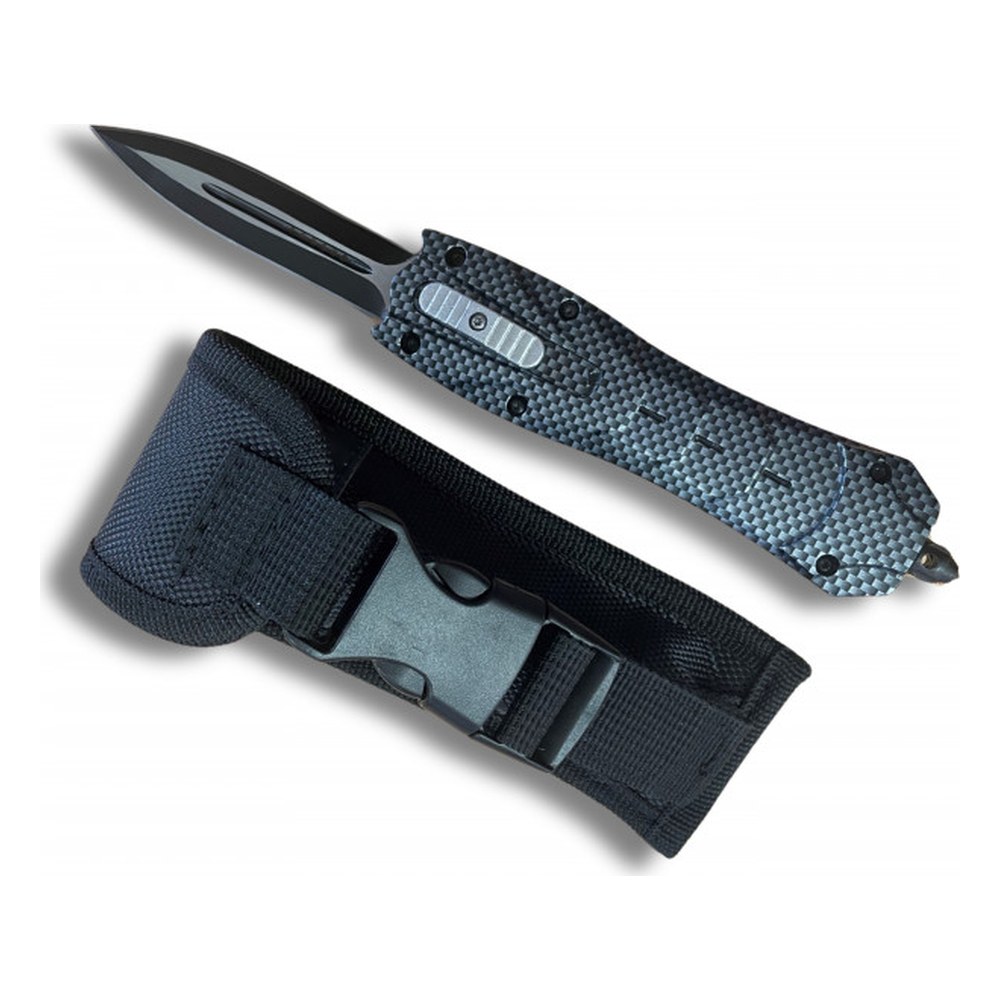 [10766] Couteau Automatique Métal Carbone Lame 9cm avec étui et brise-vitre