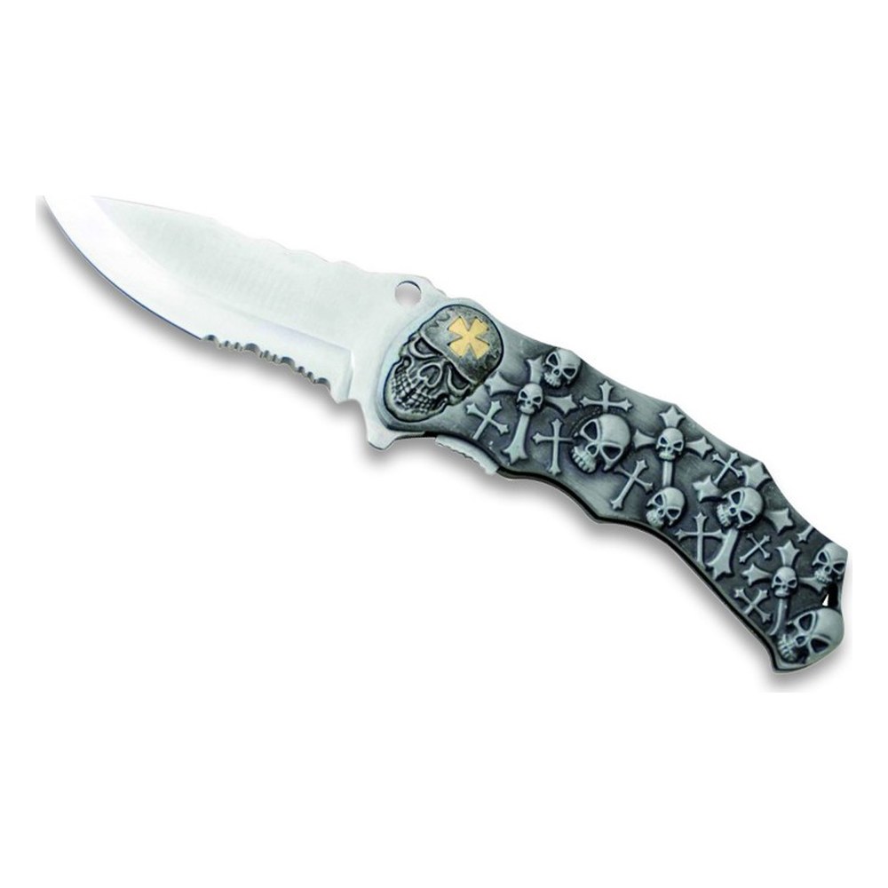 [10722] Couteau pliant têtes de mort et croix lame 9cm