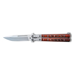 Openwork butterfly knife – 9cm blade in matt grey steel and wood, with belt clip